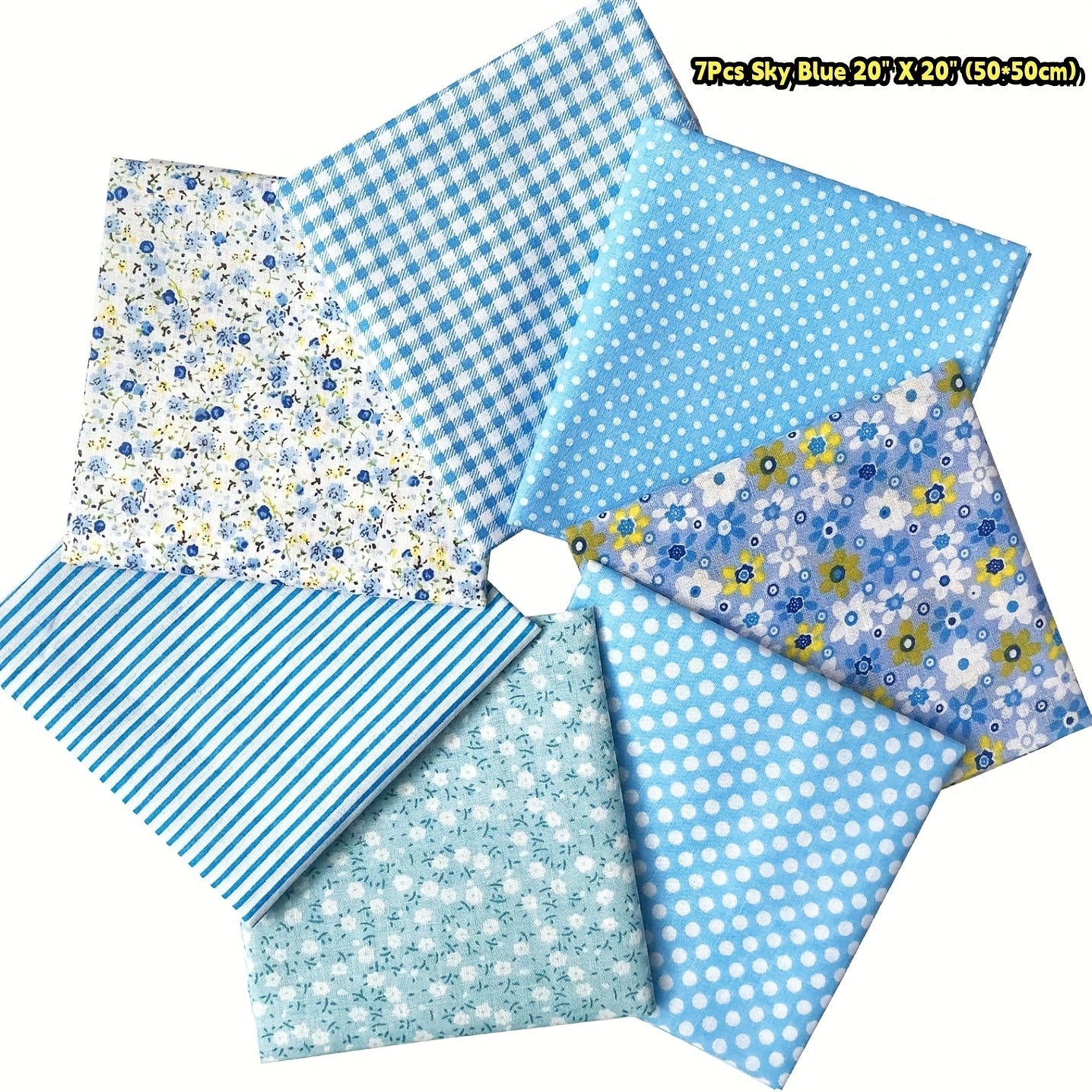 7pcs Sky Blue 20" X 20" (50*50cm)Cotton Fabric DIY Making Supplies Quilting Patchwork Gingham Fabric Fat Quarter Bundles DIY For Quilting Cotton Patchwork Cushions, Suitable For Making Father'S Day, Thanksgiving, New Year And