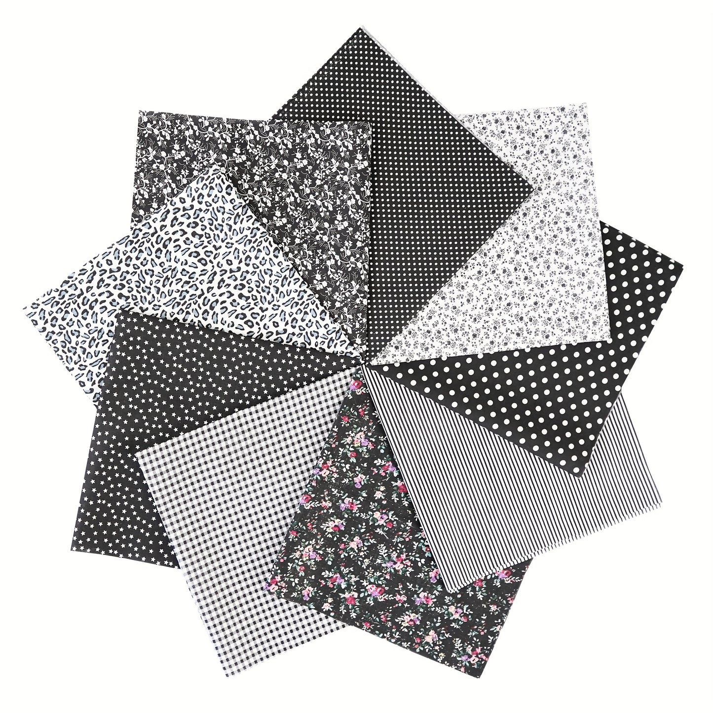 9pcs W&F 100% Cotton Fat Quarter Fabric Bundles - Black Floral & Polka Dot Assorted Patterns, Pre-Cut for DIY Crafts, Sewing Projects, Quilting - Hand Wash Only, Classic Design, Easy Crafting Material, Fabric for Quilting, Cr