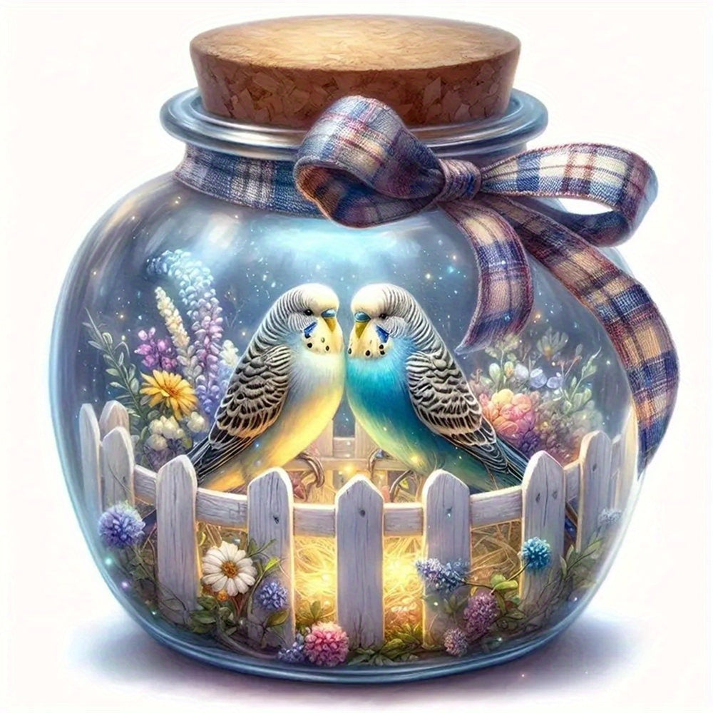 DIY Bead Embroidery Art 11CT Printed Canvas Romantic Budgie Pair in Glass Jar Threads Home Decoration Cross Stitch Kits Birds & Flowers Theme Needles Threads Gift Set