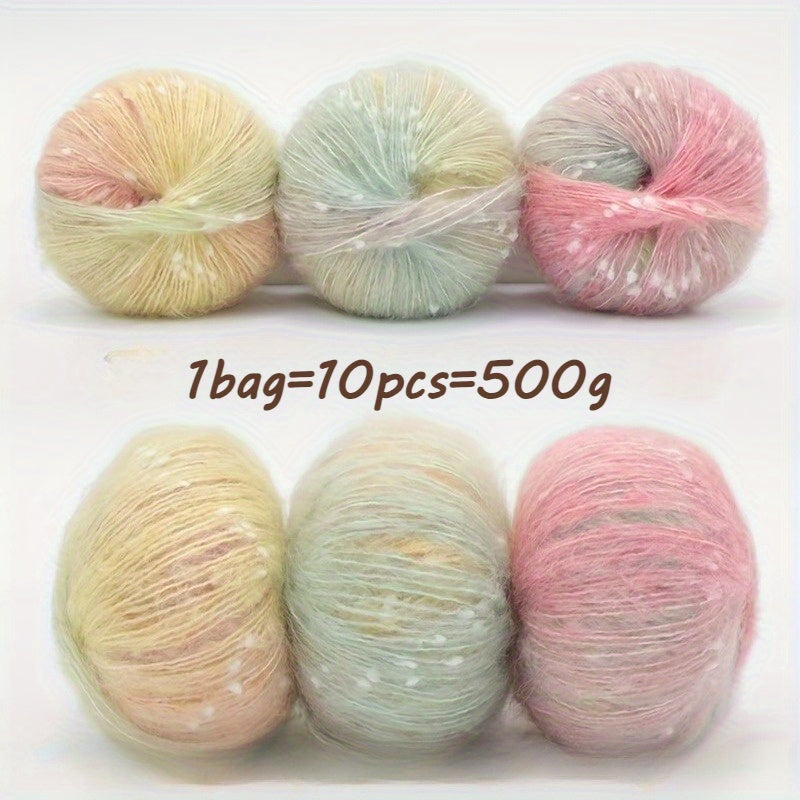 10pcs Starry Sky Gradient Long Staple Cashmere Yarn Rainbow Sugar Bean Color Dot Cashmere Wool Shake Velvet Yarn Handmade Knitting DIY Hollow Sweater, Hat, Scarf, Shawl, 50g/pc Total 500g