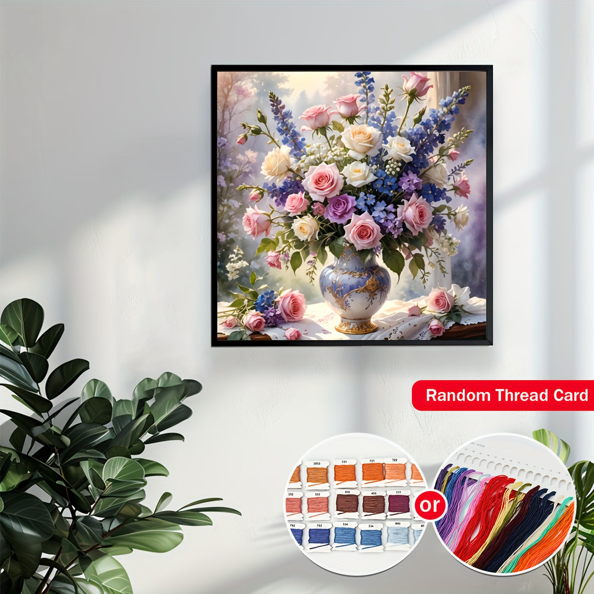 ZUOANLF 19.69x19.69inch DIY Cross Stitch Flower Bouquet Kit - Beautiful Roses and Wildflowers in Blue Vase, Unframed Fabric Art for Home Decor, Includes Pattern Fabric and Threads, Perfect for Living Room, Entryway, or Bedroo