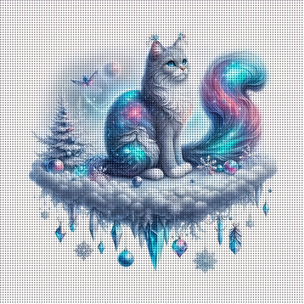 1 Set Complete DIY Cross-Stitch Painting Kit - White Turkish Van Cat with Turquoise Eyes & Pastel Colors (Pink/Blue/Purple/White/Gray/Black/Beige) - All-in-One Fabric with Numbered Threads & Color-Coded Chart - 11-Color Cross