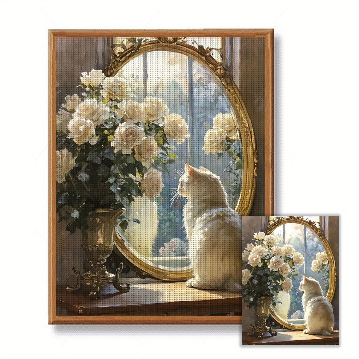 JOZYSH 1pc 11.81x15.75inch Cross Stitch DIY Kit - Adorable Cat and Roses Scene, Relaxing Adult Beginner Stitching Project with Printed Canvas, Needles, Threads, Patterns & Instructions - Perfect Gift for Friends, Home & Offic