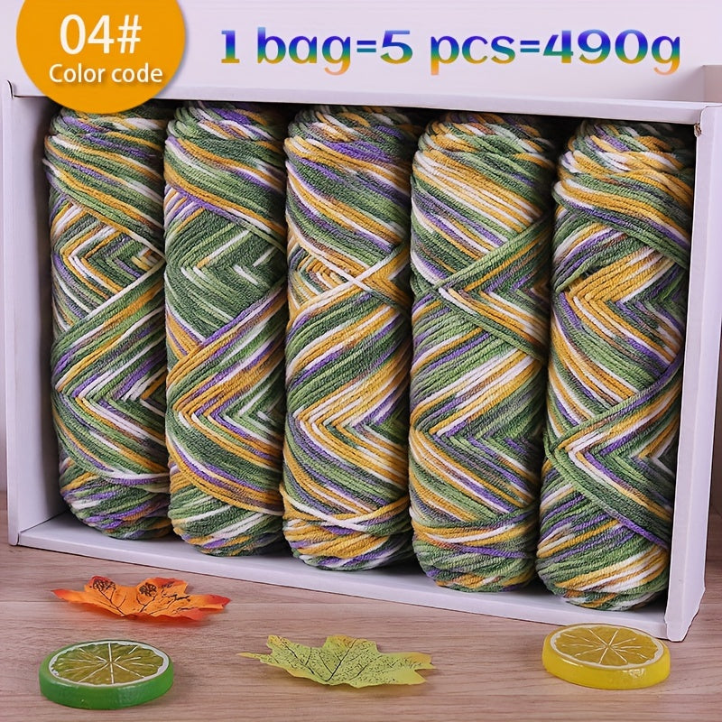 490g Multicolor Gradient Ombre Yarn Skein for Hand Knitting, 5-Ply Yarn Ball for Autumn/Winter Fashion Sweaters, Scarves, Hats, Gloves, Gifts, and Crafts, 5 Skeins per Pack