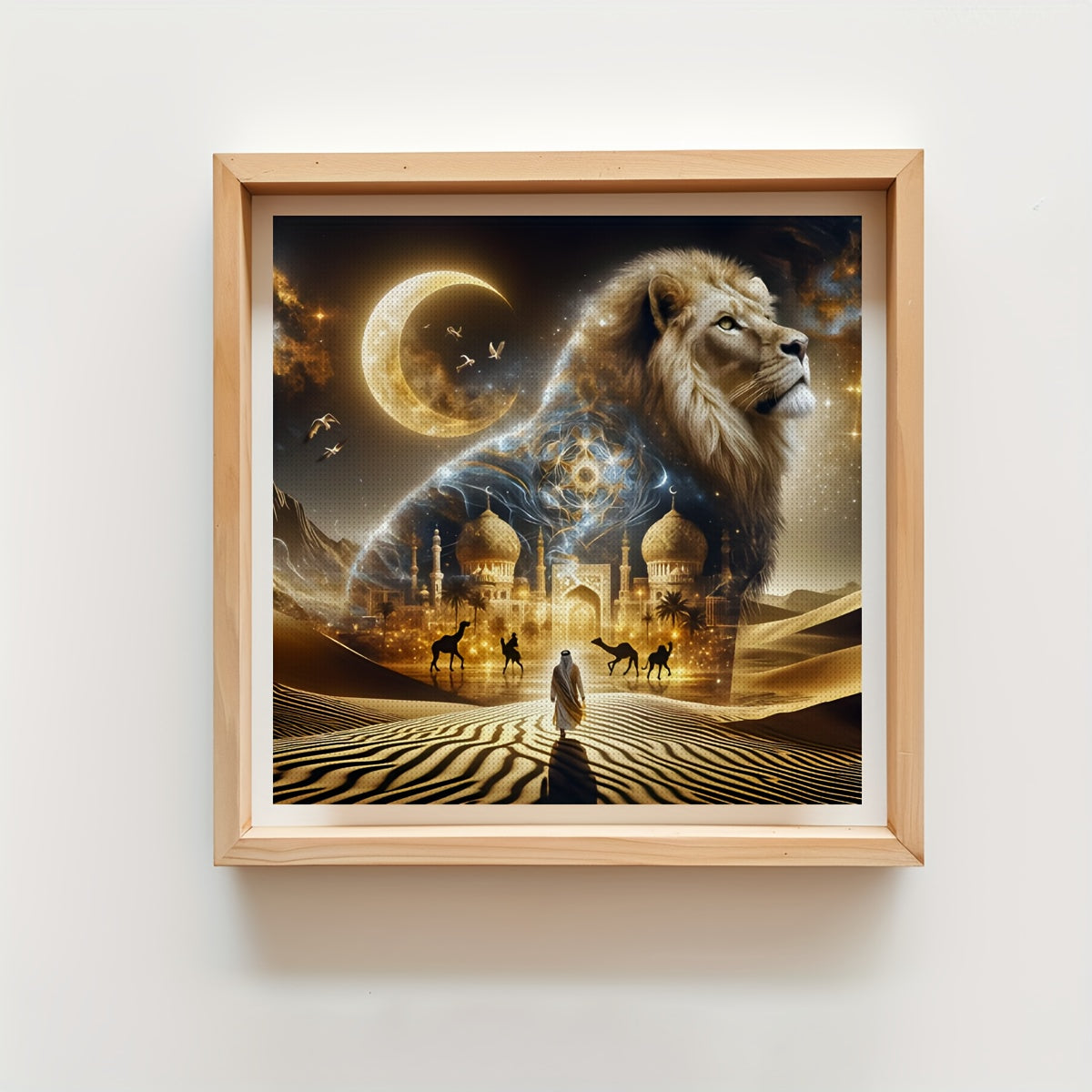 JOZYSH 11CT/14CT Lion & Desert Tapestry Cross Stitch Kit - 15.7x15.7in/19.7x19.7in, No Frame, Printed Fabric with Golden Lion, Camels, Mosque, and Moon Design, Perfect for Beginners, Adult Relaxation DIY, Christmas Gift, Wall