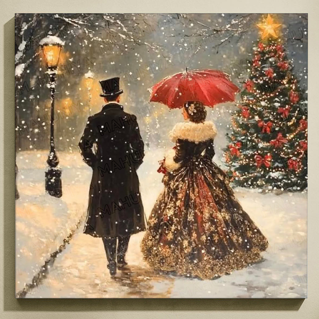 MAHUNIYA NEW 5D Diamond Painting Kit for Adults - Victorian Winter Couple & Christmas Tree Scene with Red Umbrella, Snowy Oil Painting Art, Frameless Full Drill Round Diamonds, 40x40cm/15.75x15.75in Victorian DIY Craft, Holid