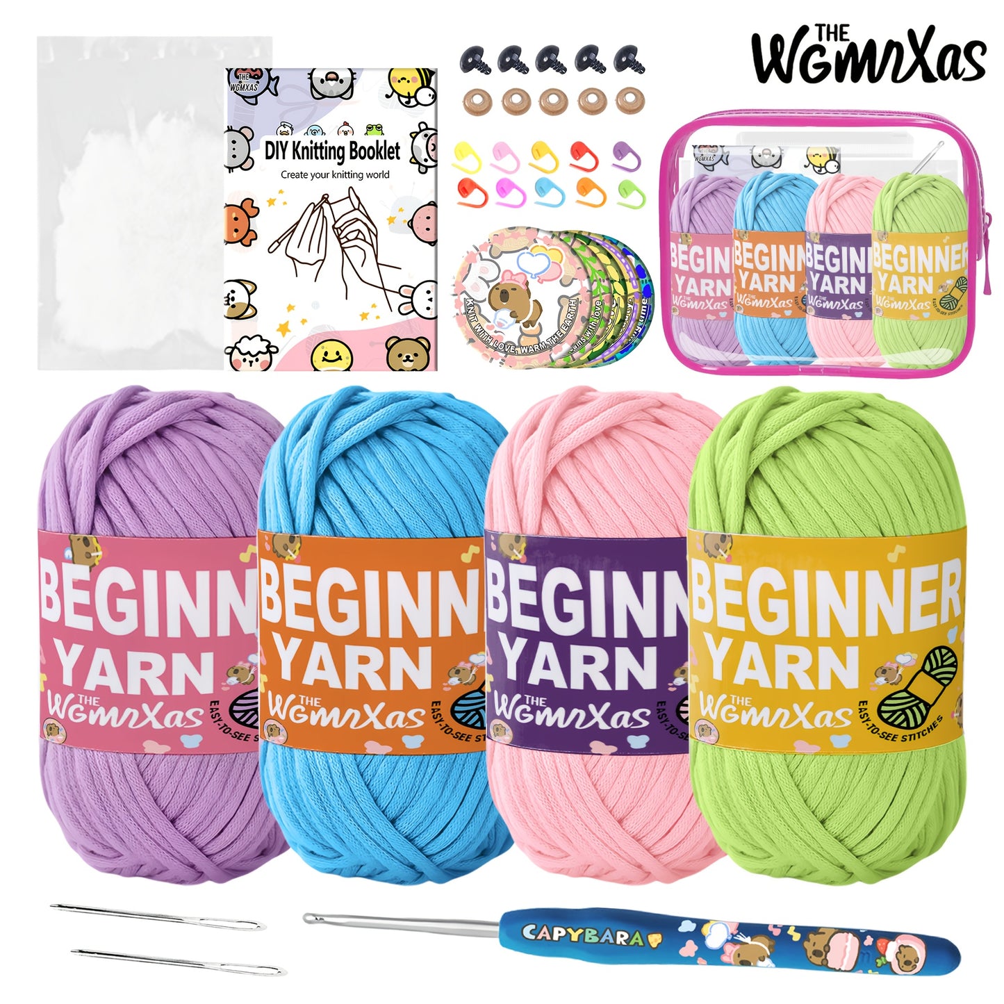 4pcs Yarn Crochet, Beginner Yarn, Crochet Yarn, Crochet Yarn with Easy-to-See Stitches, Storage Tote Bag, Straight Pins, Capybara Theme Crochet Kit, Crochet Yarn For Beginners