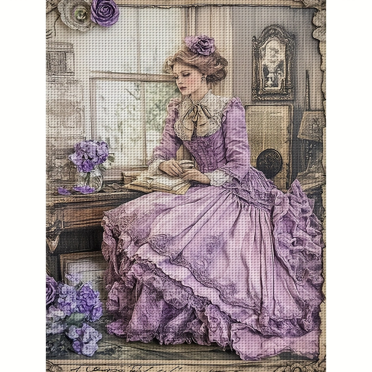 1pc Elegant Victorian Lady 11CT/14CT Print Cross Stitch DIY Kit - 30x40cm/11.8x15.7in/40x50cm/15.7x19.6in, Relaxing Adult & Beginner Stitching Project, Perfect for Bedroom & Living Room Wall Decor, Includes Canvas, Needles, T