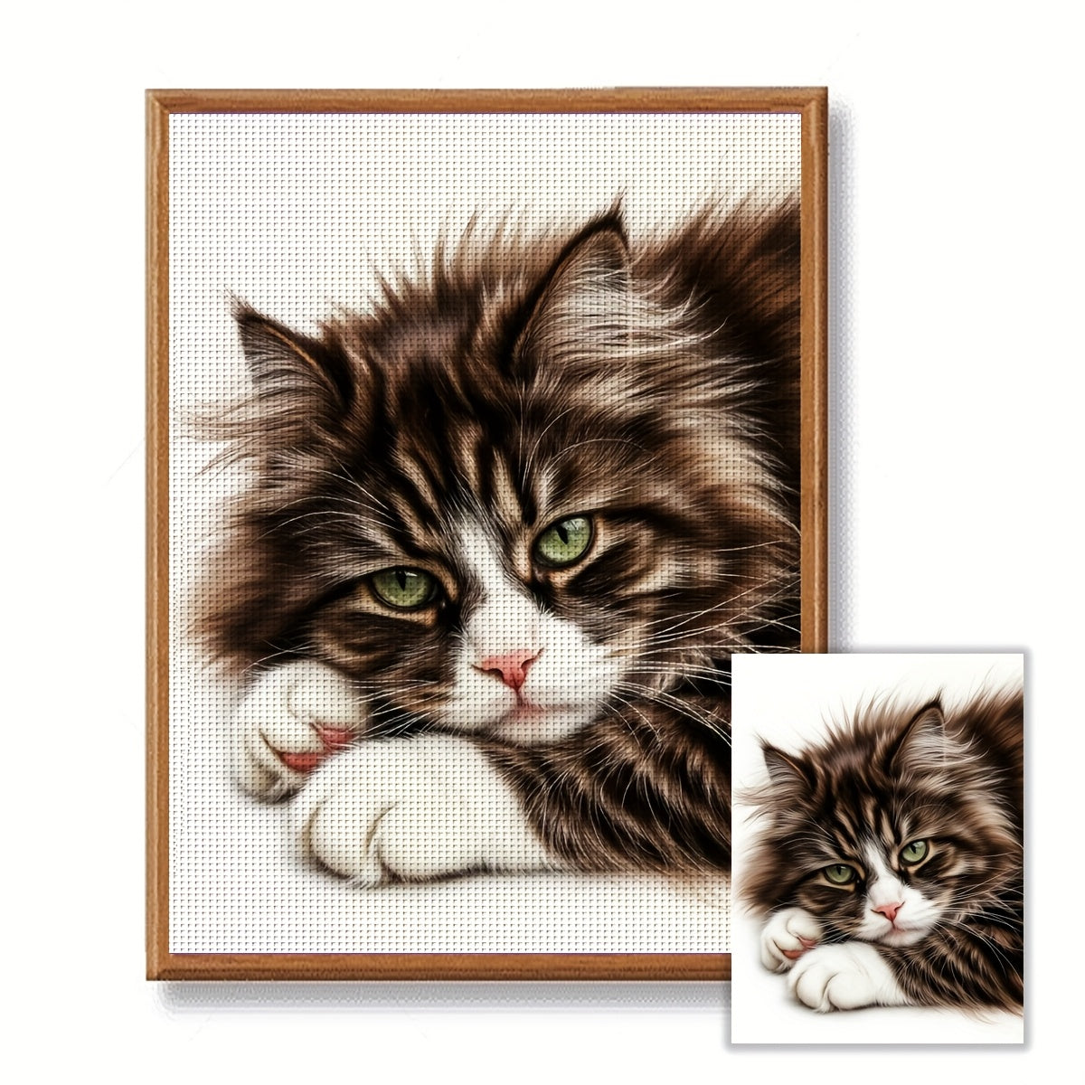 1pc JOZYSH DIY Cross Stitch Kit - Tabby Cat with Green Eyes & Brown/White, 11/14CT Frameless Embroidery Set, Complete Craft Kit with Threads & Fabric for s &, All-Season Home Decor Art (11.81x15.75inch/15.75x19.69inch) - Comp