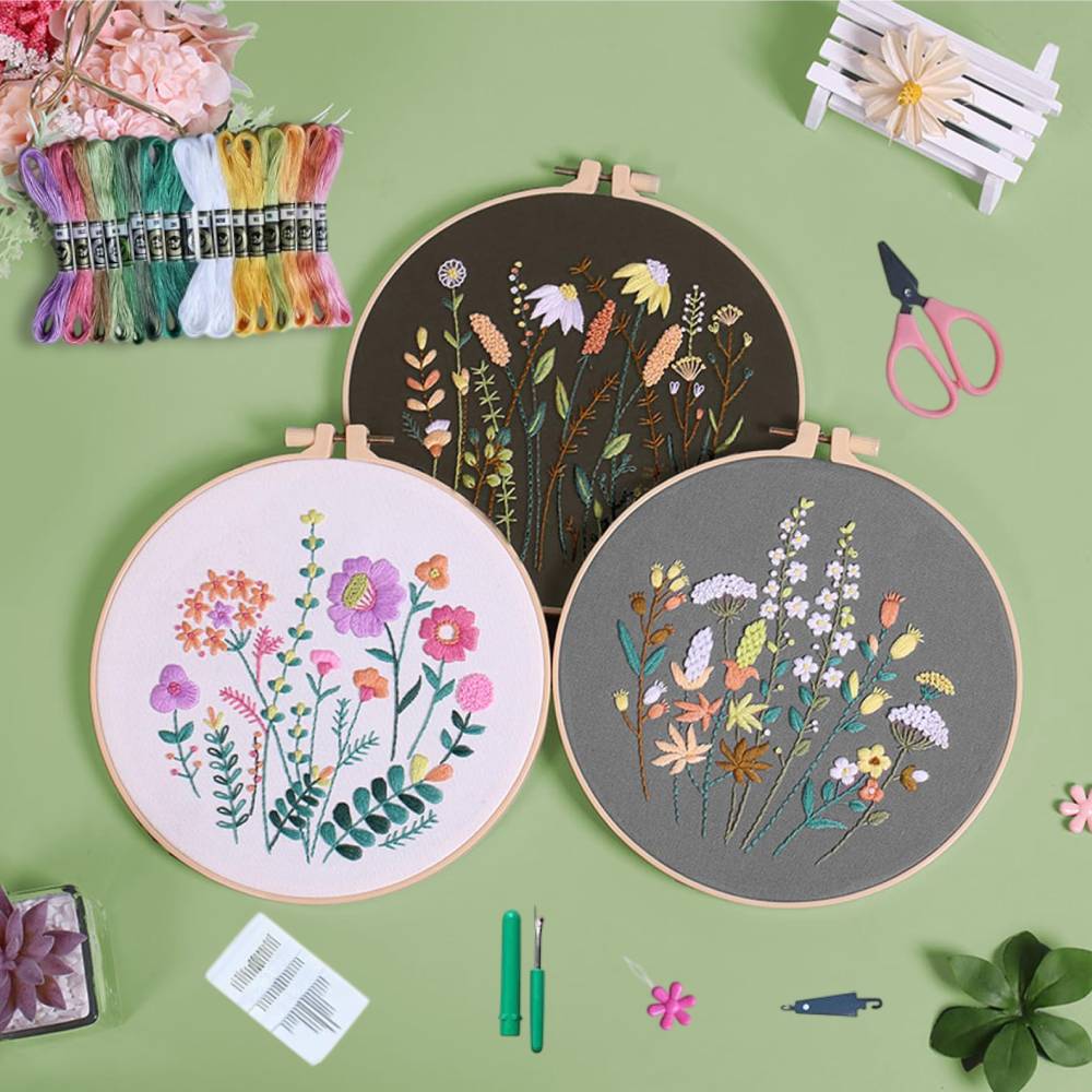 3 Pack Embroidery Starter Kit | Stamped Cross Stitch Kits with Cute Flowers and Plants Patterns, Embroidery Hoop, and Color Threads for Beginners and Adults, Suitable for All Seasons.