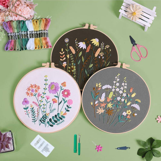 3 Pack Embroidery Starter Kit | Stamped Cross Stitch Kits with Cute Flowers and Plants Patterns, Embroidery Hoop, and Color Threads for Beginners and Adults, Suitable for All Seasons.