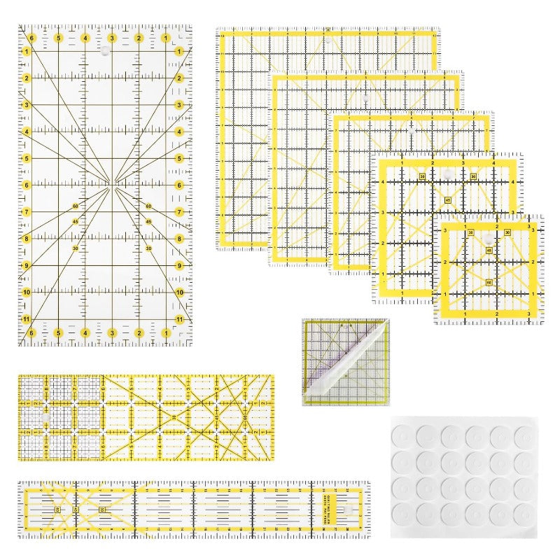 8piece Square Quilting Rulers Non Slip And Templates Acrylic Sewing Ruler Set with 24pcs Antislip Mat 3.5"X3.5" 5"X5" 8"X8" 10"X10" 12.5"X12.5" 6.5"X12" 2"X12" 3"X9" (Yellow)
