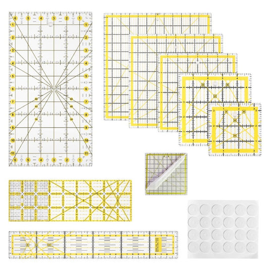 8piece Square Quilting Rulers Non Slip And Templates Acrylic Sewing Ruler Set with 24pcs Antislip Mat 3.5"X3.5" 5"X5" 8"X8" 10"X10" 12.5"X12.5" 6.5"X12" 2"X12" 3"X9" (Yellow)