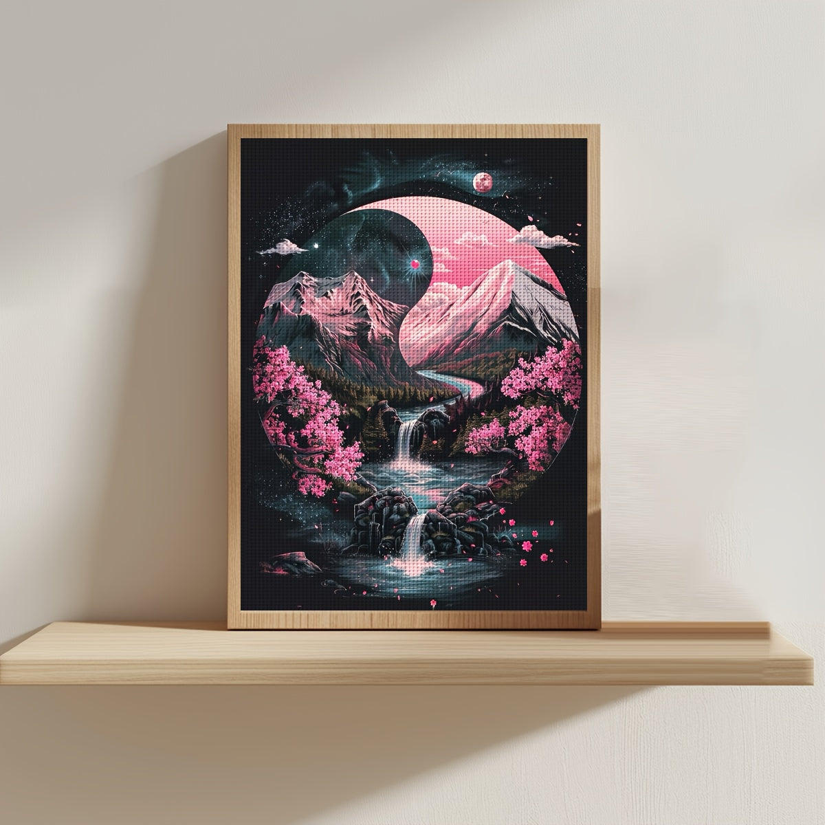 1pc JOZYSH 11x15.7" Night Landscape Cross Stitch Kit - Serene Mountain, Waterfall & Cherry Blossom Scene, Includes Canvas, Threads, Needle & Instructions - Ideal for Beginners, Perfect Gift for Friends & Family, Relaxing DIY