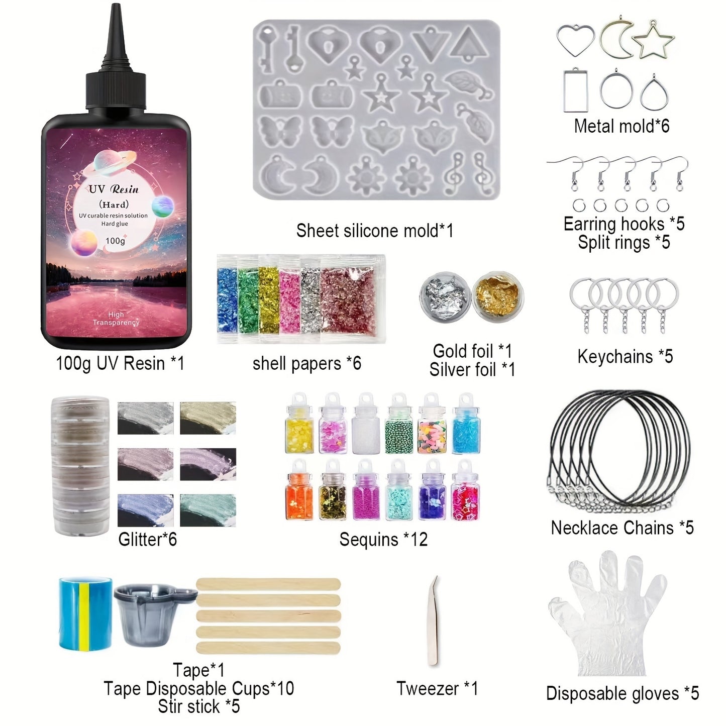 76pcs Complete Resin Jewelry Making Kit with 76-Cut-Ready Accessories (Molds, Charms, Beads, Glitter) & Instructions - DIY Craft Set for Beginners & Experts to Create Necklaces, Bracelets, Keychains, Earrings & Pendants - All