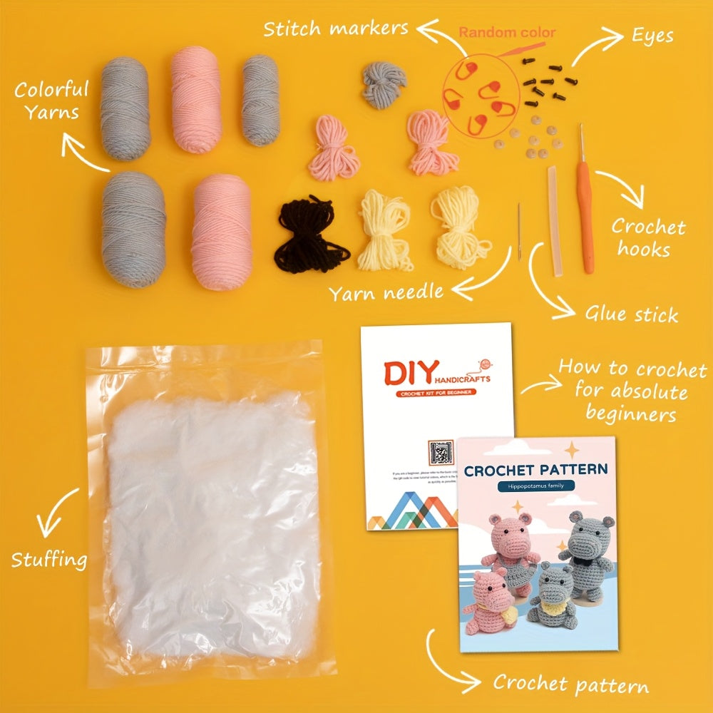 Crochet Kit for Making a Hippo Family - Handcrafted Hook Knitting Materials Kit with Colorful Crochet Yarn, Instructions, Crochet Hook, and Patterns - Perfect for Beginners &, Craft Kit|Playful Design|Detailed Instructions, C