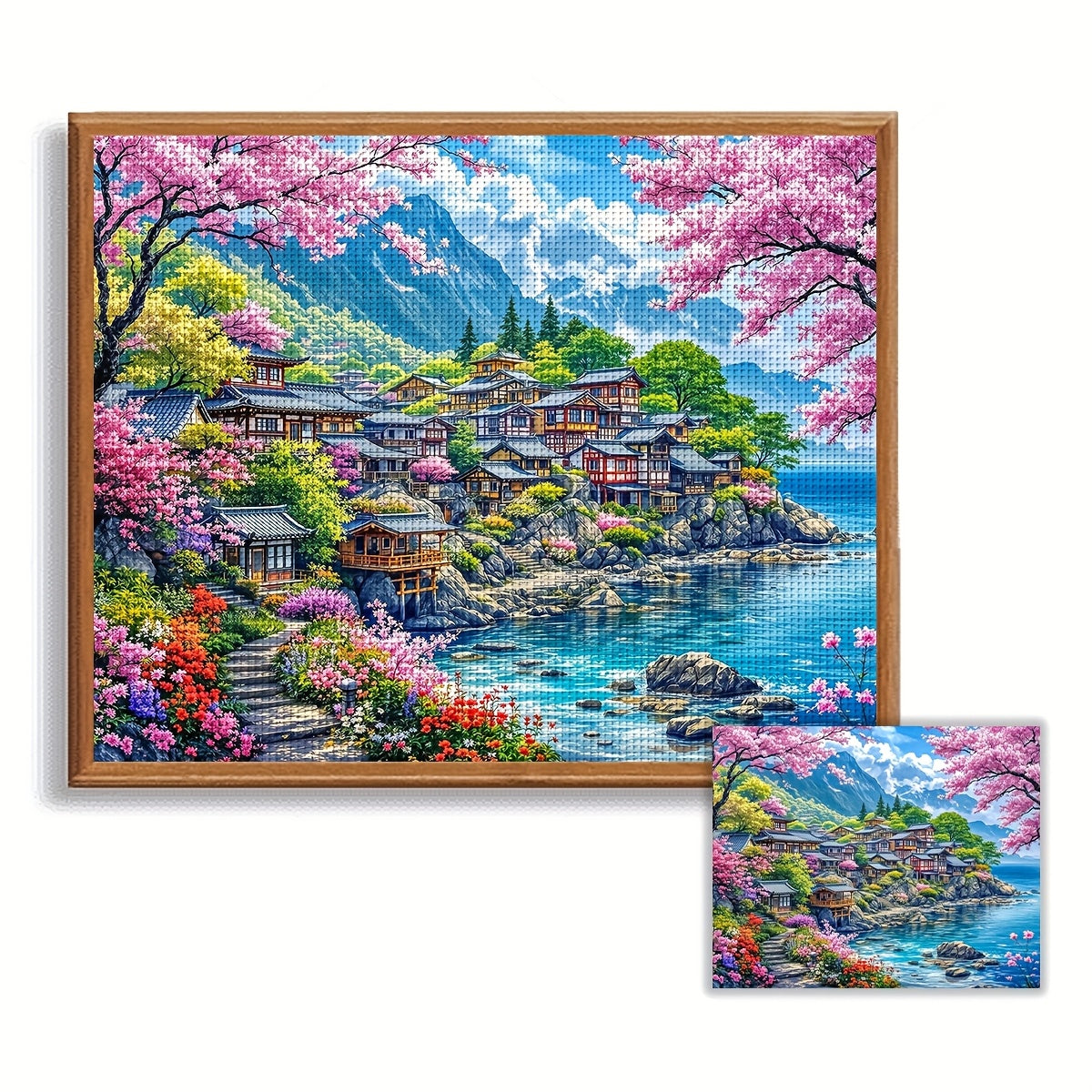 ZUOANLF 1 Set 15.75x19.69inch DIY Cross Stitch Kit - Vibrant Japanese Village Landscape with Cherry Blossoms, Blue Sea, and Mountains, Frameless, All-Season Home Decor for Living Room, Entryway, or Bedroom, Frameless Artwork