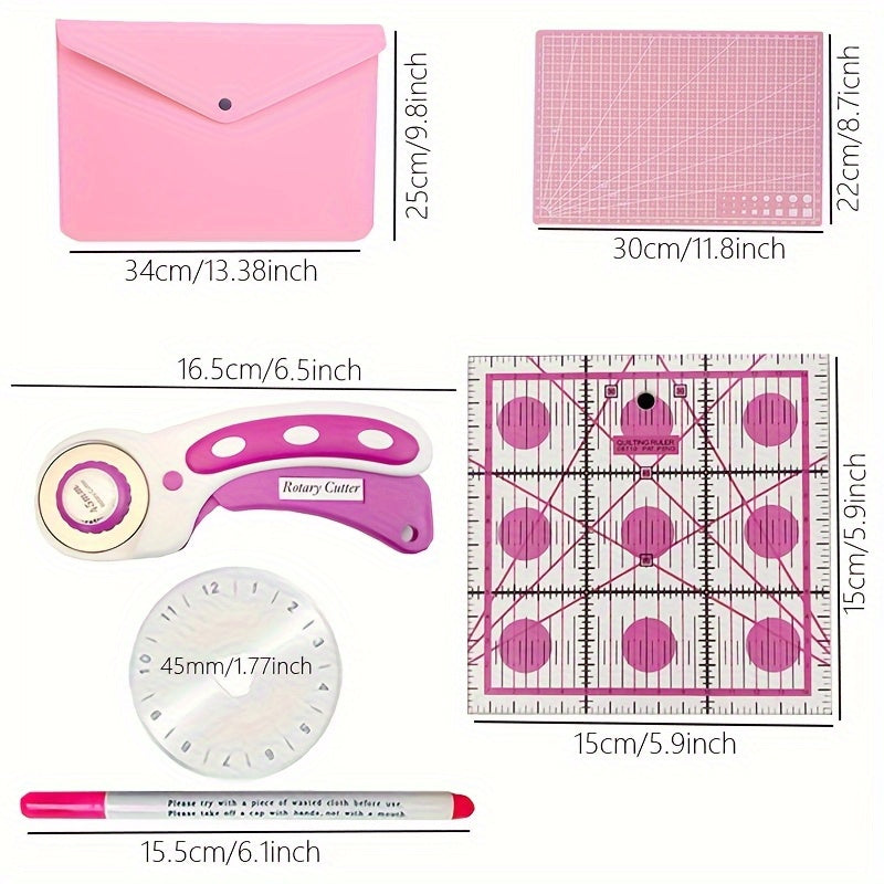 45mm Rotary Cutter Set with Pink Storage Bag, A4 Self-Healing Cutting Mat, Pink Acrylic Ruler, Quilting Roller Cutter and 5 Replacement Blades, Sewing Clips, Disappearing Marker, Suitable for Quilting, Crafting, Paper Craftin