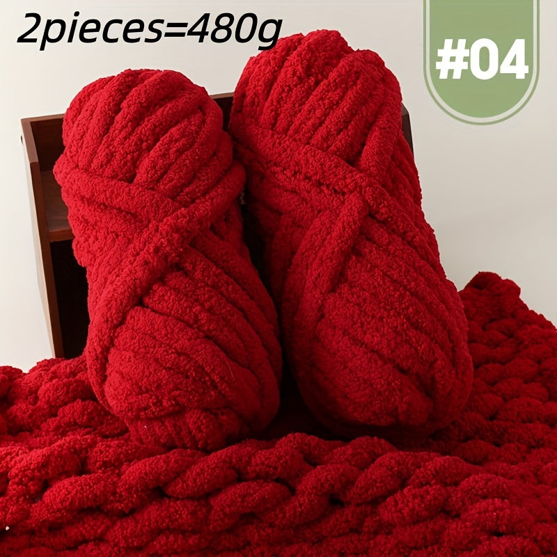 Extra Large Plush Cat Tail Chenille Yarn, Two Skeins per Pack (Total 480g, 16.93oz), for Hand Knitting and Crocheting - Fluffy Soft Giant Bulky yarn. Ideal Thumbneedle Yarn for DIY Blankets, Pet Beds, Rugs, Pillows & Home Dec