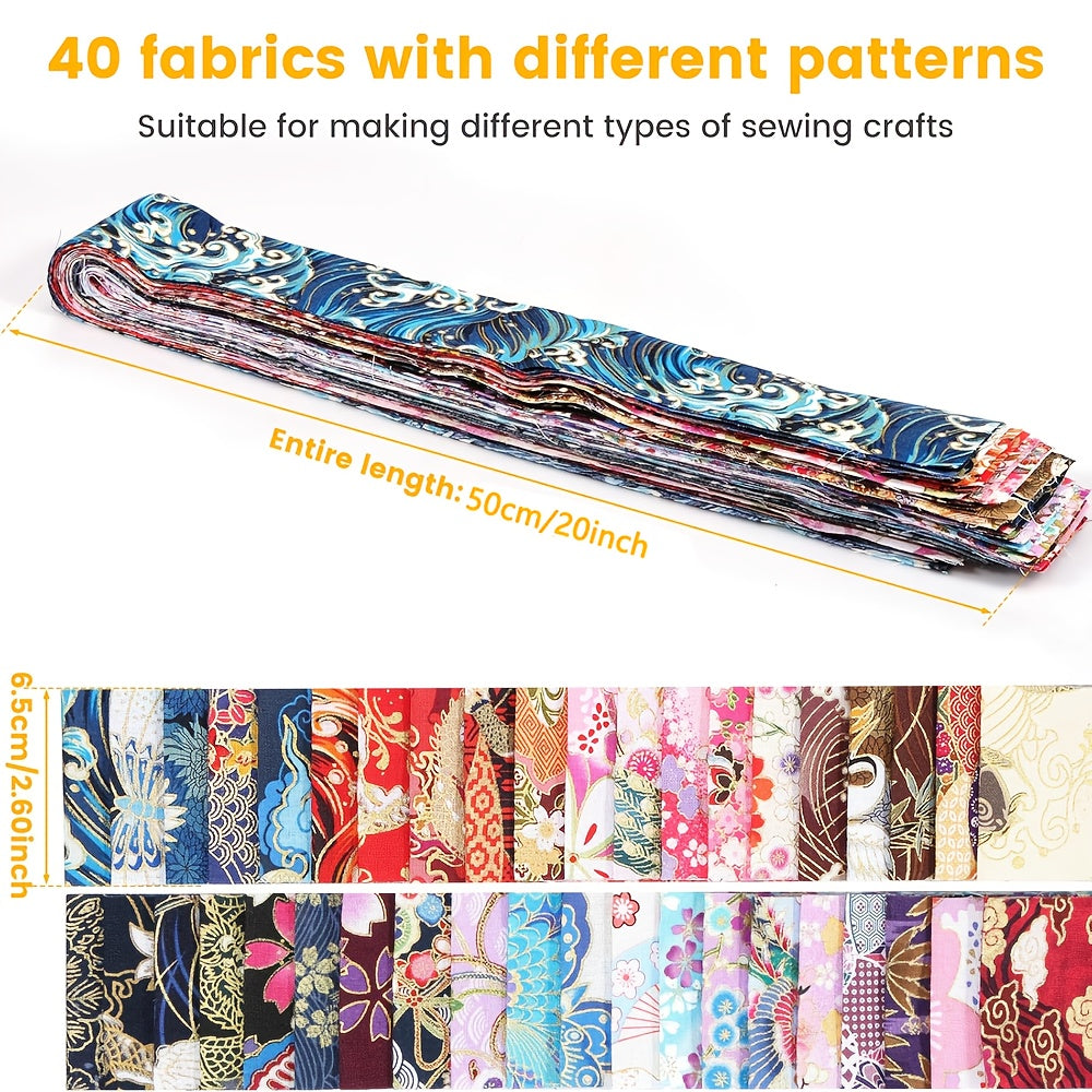 40pcs Washable Quilting Fabric Strips - Pre-Cut Crafting strips with Floral, Paisley, Abstract Patterns - Navy Blue, Red, Pink, Golden, Beige, Brown, Purple, Teal - for Quilting, Upholstery, Bags, Home Decor - Ideal for Begin