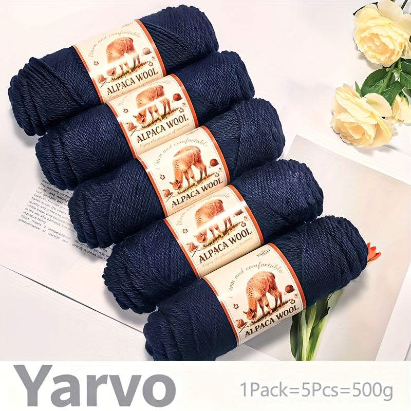 1 Pack (5 Balls) 500g Alpaca Wool Yarn - Thick Warm Winter Knitting Fiber, Alpaca Wool Yarn for DIY Hand-Knitting Scarves, Hats, Sweaters, Multi-Color (Brown/White/Black/Gray/Tan) - Perfect Gift for Crafters & Cold Weather