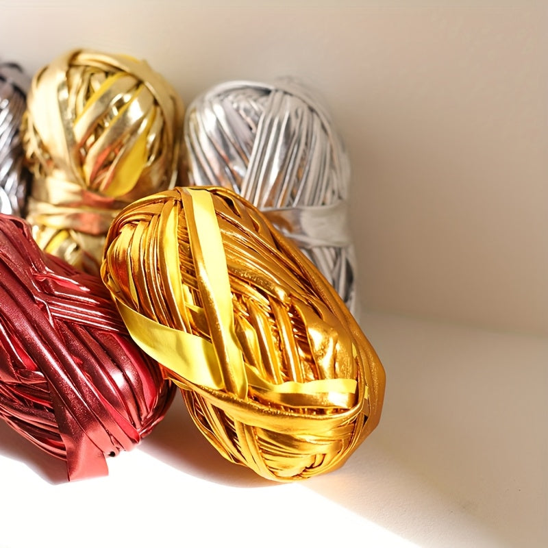 A Set of 3 Mixed Color 300G Faux Metallic Sheen Yarn, Suitable for Handmade Crochet Bags, Dolls, Pendants, Etc., in Golden + Silver + Dark Gray, Antique Golden + Burgundy + Dark Brown, Made of 100% Polyester, Red And White Ch
