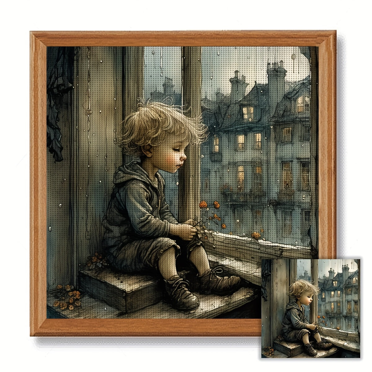 JOZYSH 1pc 11x11in Cross Stitch DIY Kit - "Boy by Window" Fantasy Scene with Detailed Architecture, Includes Canvas, Needle, Thread, Pattern, and Instructions - Ideal for Beginners, Bedroom, or Living Room Wall Decor, Perfect