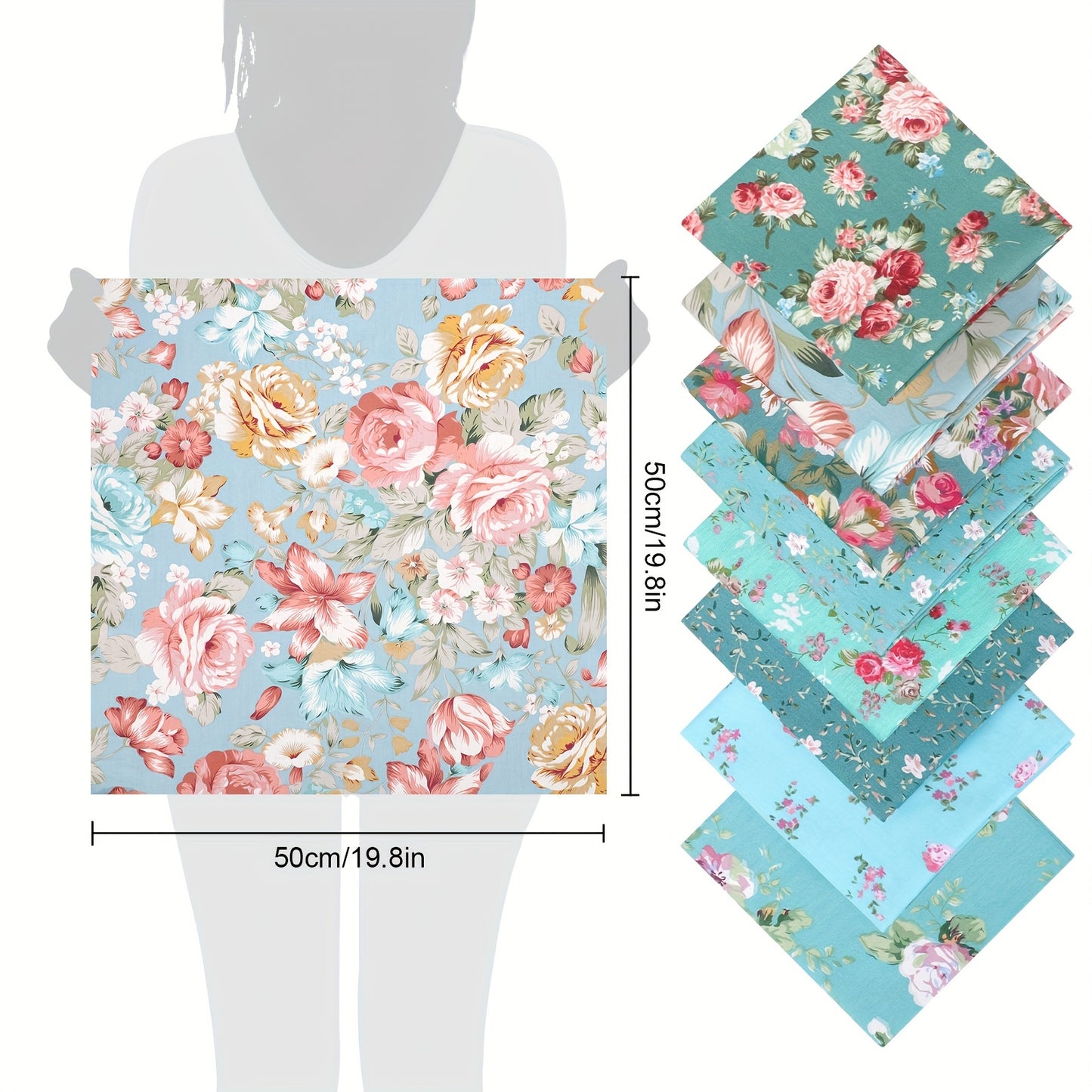 8pcs Precut Cotton Fabric Squares 19.8x19.8 Inch - Vibrant Floral Print Green DIY Sewing Supplies for Quilting, Crafting, Home Decor - Ideal Gift for Craft Enthusiasts, Quilting Materials | Decorative Fabric | Textured Fabric