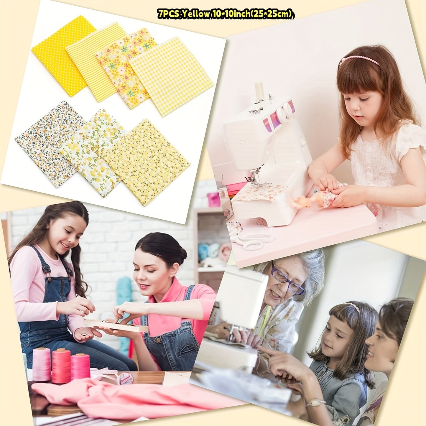 7pcs Yellow 10" X 10" (25*25cm) Cotton Fabric DIY Items Quilted Patchwork Checkered Fabric Quarter-bundle DIY Quilted Cotton Patchwork Cushions, Suitable For Making Father'S Day, Thanksgiving, New Year And Bride'S Birthday Gi