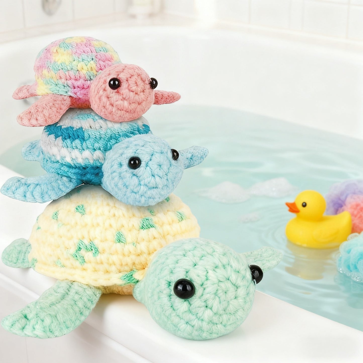 3pcs Crochet Sea Turtle Kit - Beginner-Friendly Yarn Set with 3 Colors (Yellow, Blue, Pink), Soft Fabric, Easy-to-Follow Instructions
