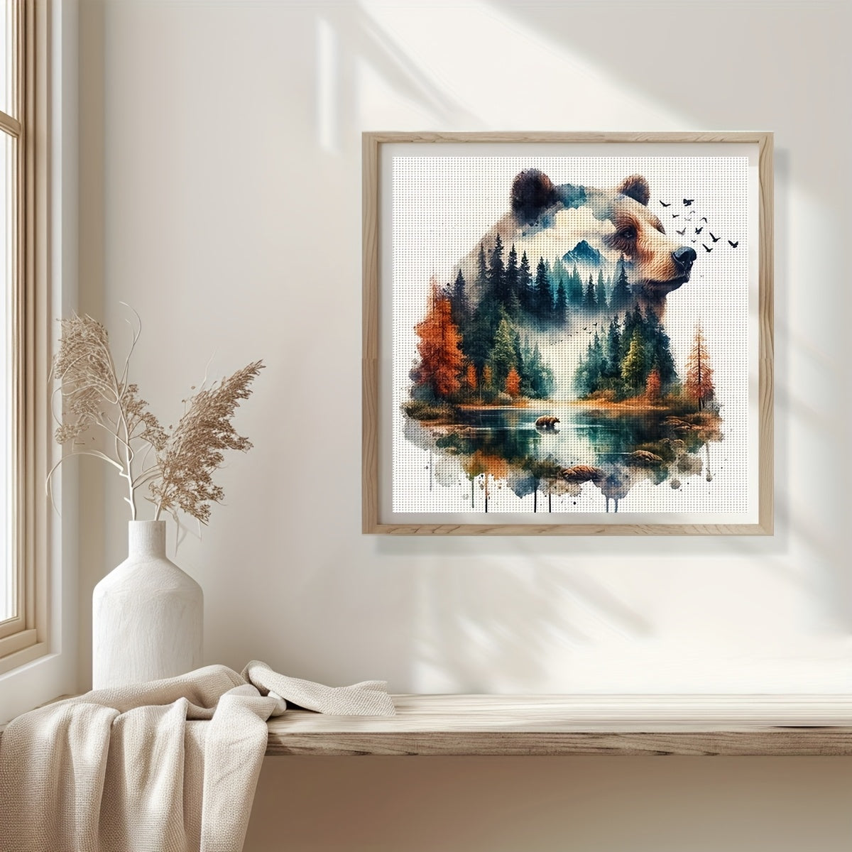 1pc JOZYSH 15.75x15.75inch DIY Cross Stitch Kit - Double Exposure Bear & Landscape, Relaxing Adult Beginner Project with Printed Canvas, Needles, Threads, Patterns & Instructions - Perfect for Home & Office Decor, Ideal Gift