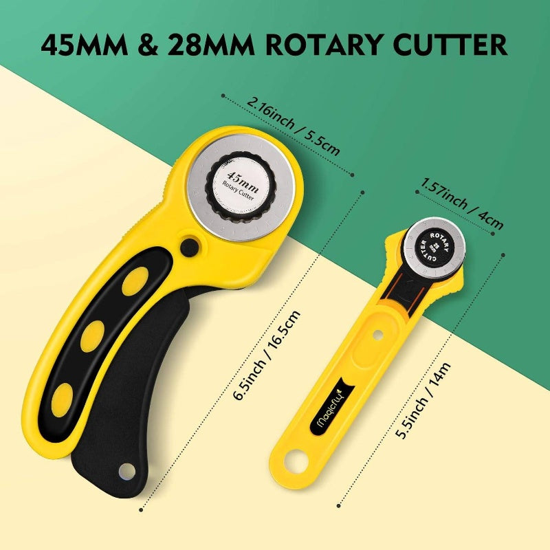 Complete Rotary Cutter Set with 45mm & 28mm Fabric Cutters, A3 Self-Healing & 12x6 Inch Quilting Ruler - Heavy-Duty Double-Sided Cutting Board for Quilting, Sewing, Fabric Crafting Kit with 10 Blades (for hobbyists & Professi