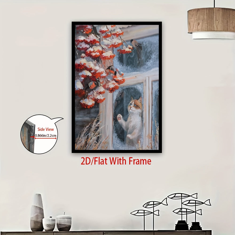 2D Flat, Framed Cat & Birds Winter Window Scene Canvas - Modern Classic Vertical Wall Art with White Kitten & Red Berries, Cozy Snowy Home Décor for Living Room, 2D Flat, Christmas Cross Stitch Kits, Christmas Wall Art, Chri