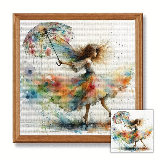 1pc JOZYSH 40x40cm DIY Cross Stitch Kit - Vibrant Umbrella Lady Canvas Art, Includes Fabric, Threads, Needle, Pattern & Instructions - Perfect for Beginners, Ideal for Home & Office Decor, Gift for Friends & Family, Beginner