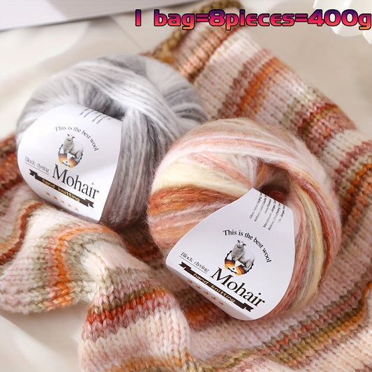 1 Bag = 8 Balls = 400g Multicolor Self-Striping Mohair Yarn | Fashion Sweaters, Coats, Shawls, Trench Coats, Scarves, Hats, Gloves, Clothing Accessories - Polyester 80%, Wool 10%, Nylon 10%