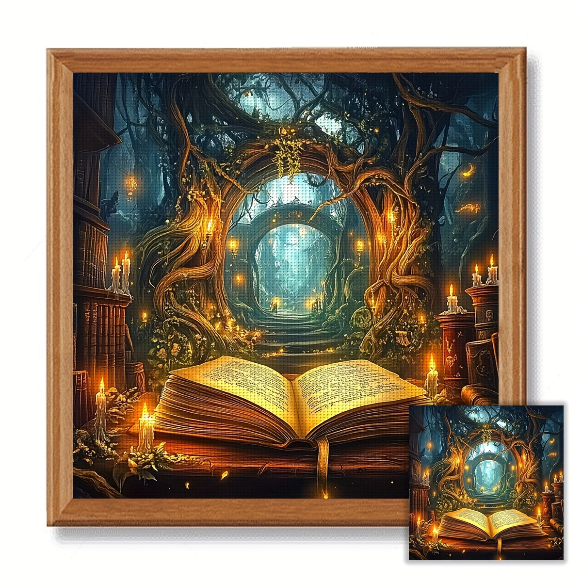 ZUOANLF 19.69x19.69inch DIY Cross Stitch Kit - Enchanted Forest Landscape with Open Book & Candles, No Frame, Includes Pattern Fabric & Threads, Perfect for Living Room, Entryway, or Bedroom Decor, Bedroom Wall Art | Mystical
