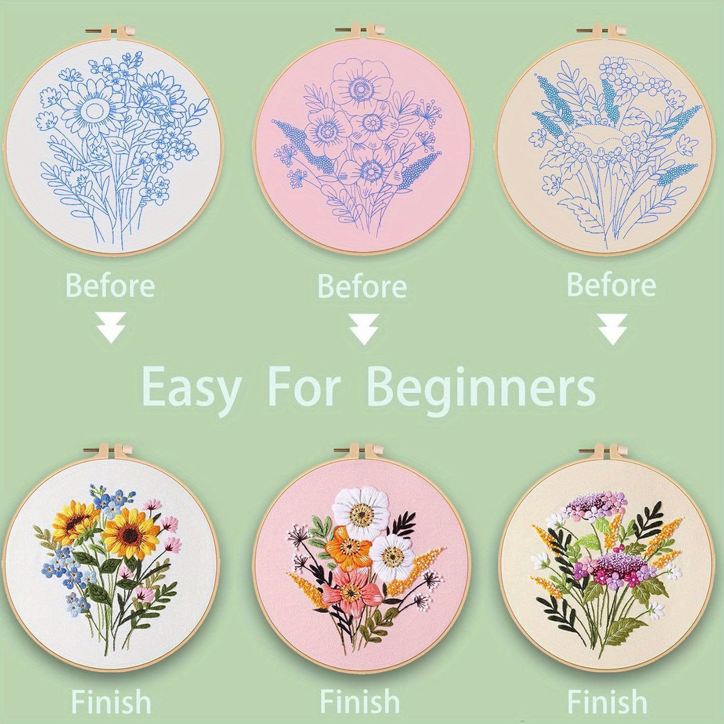 Ohcol 3 Sets Embroidery Kit for Beginners Cross Stitch Kits Needlepoint Kits Crafts for Adults with 3 Embroidery Hoops Easy-to-Follow Operating Instructions, Needle Point Kits with Flowers Patterns