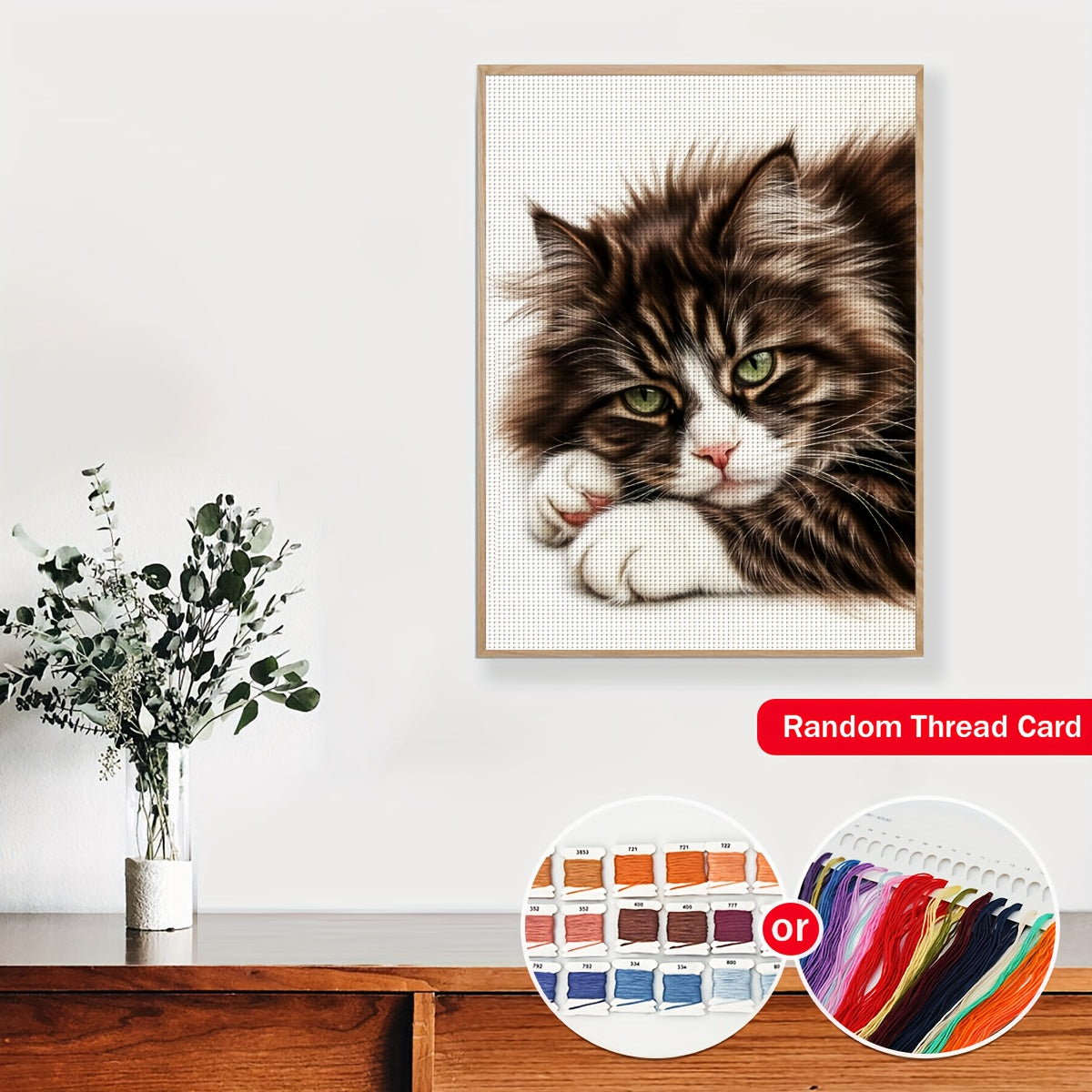 1pc JOZYSH DIY Cross Stitch Kit - Tabby Cat with Green Eyes & Brown/White, 11/14CT Frameless Embroidery Set, Complete Craft Kit with Threads & Fabric for s &, All-Season Home Decor Art (11.81x15.75inch/15.75x19.69inch) - Comp