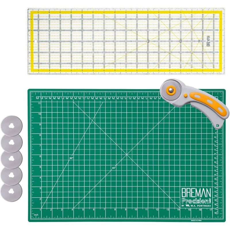 WA Self Healing Cutting Rotary Cutter Set with 5 Blades & 12x18 Fabric Cutting Mats - 45mm Rotary Cutter with Ergonomic Handle, 6x18 Acrylic Quilting Rulers - 3pcs Sewing Kit for Fabric, Paper, Vinyl, Felt - Ideal for Quiltin