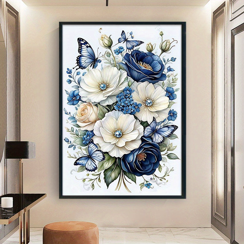 Blue And White Flowers And Butterfly - DIY Eco- Thread 11CT Stamped Flower Series Full Embroidery Cross Stitch Kit 15.75x23.62inch, with Tools, Embroidery Threads & Instructions - Good Gift for Craft Lovers and Art Enthusiast