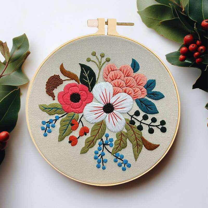 5pcs Floral Embroidery Starter Kit with Hoops - Vibrant Cross Stitch Kits for Beginners, Complete Set for Handicrafts Gifts, Includes Patterns, Threads Tools, Perfect for All Seasons, Needlework Kits|Vibrant Embroidery Kits|C