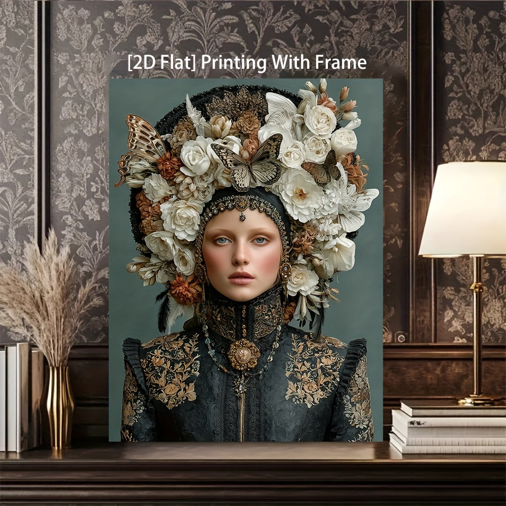1pc Framed Lady in Butterfly Hat Wall Art - 12x16 Inch Modern Gothic Woman Painting with Floral & Jewel Portrait, Surreal Boho Decor, Frame & Wrapped Canvas Print for, Bedroom, Office - Victorian-Inspired, 2D Flat, Cross Stit