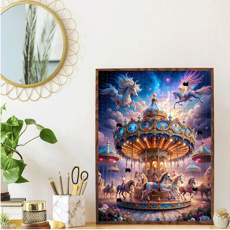 500/1000pcs Enchanted Carousel, & Magical Night Jigsaw Puzzle for Adults & - 2 Difficulty Levels, Portable Large Jigsaw Game with Glowing Stars, DIY Home Decor, Birthday/Christmas Gift (500 or 1000pcs), Christmas Window Stick