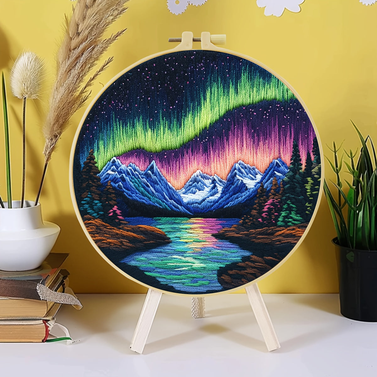 Easy-Learning DIY Hand Art Craft • JOZYSH 1pc Embroidery Set • 20x20cm/7.9x7.9 inch • Aurora Pattern • Needles, Threads, Pre-Printed Cloth, Hoop, Instruction • Beginners Friendly • Ideal Gift