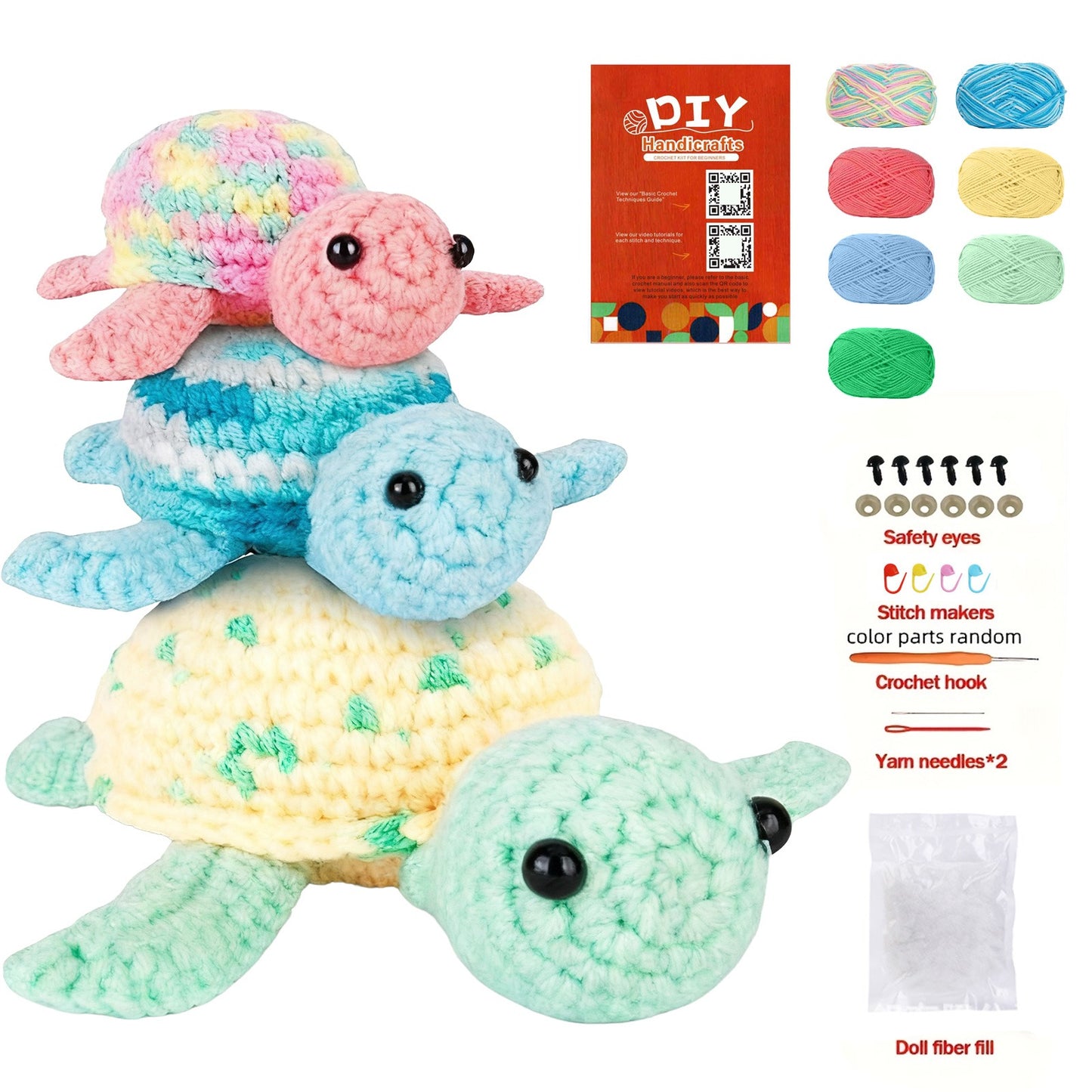 3pcs Crochet Sea Turtle Kit - Beginner-Friendly Yarn Set with 3 Colors (Yellow, Blue, Pink), Soft Fabric, Easy-to-Follow Instructions