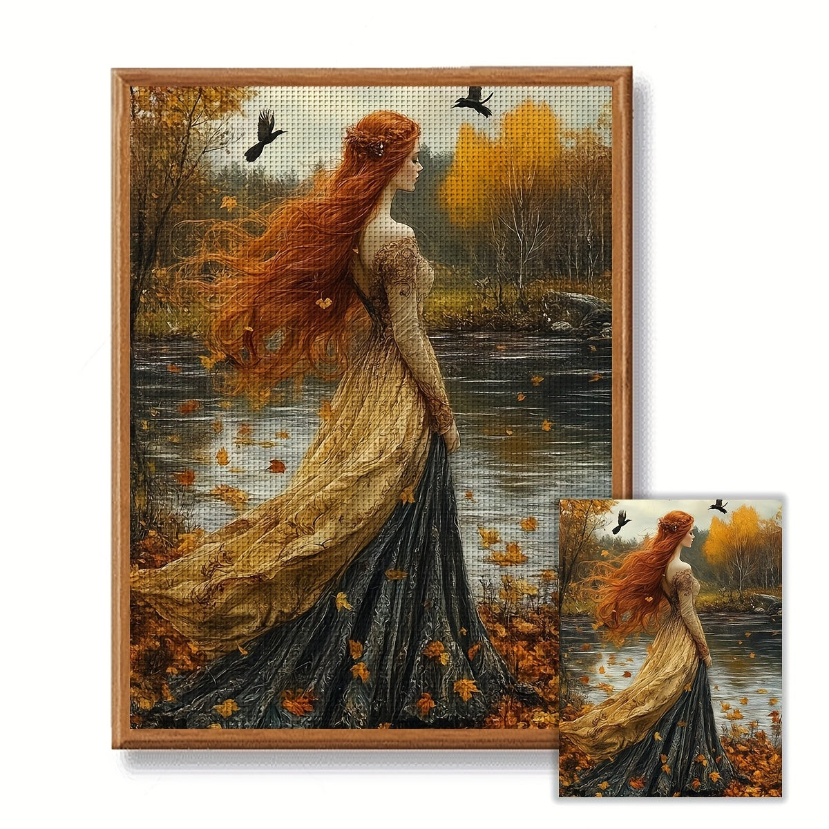 JOZYSH 11CT/14CT Cross Stitch Kit - Elegant Red-Haired Lady in Autumn Landscape, DIY Canvas Art with Frame, 30x40cm/11.8x15.7in, All-Season Home Decor, Relaxing Handmade Gift for Office, Office Artwork | Autumnal Scene | Deta