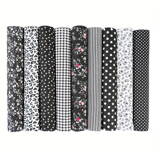9pcs W&F 100% Cotton Fat Quarter Fabric Bundles - Black Floral & Polka Dot Assorted Patterns, Pre-Cut for DIY Crafts, Sewing Projects, Quilting - Hand Wash Only, Classic Design, Easy Crafting Material, Fabric for Quilting, Cr