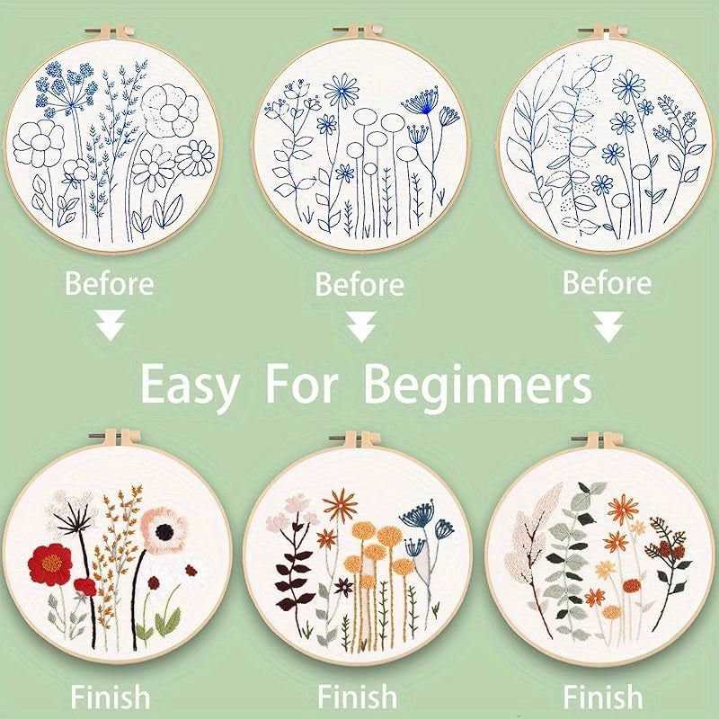 Ohcol 3 Sets Embroidery Kit for Beginners Cross Stitch Kits Needlepoint Kits Crafts for Adults with 3 Embroidery Hoops Easy-to-Follow Operating Instructions, Needle Point Kits with Flowers Patterns