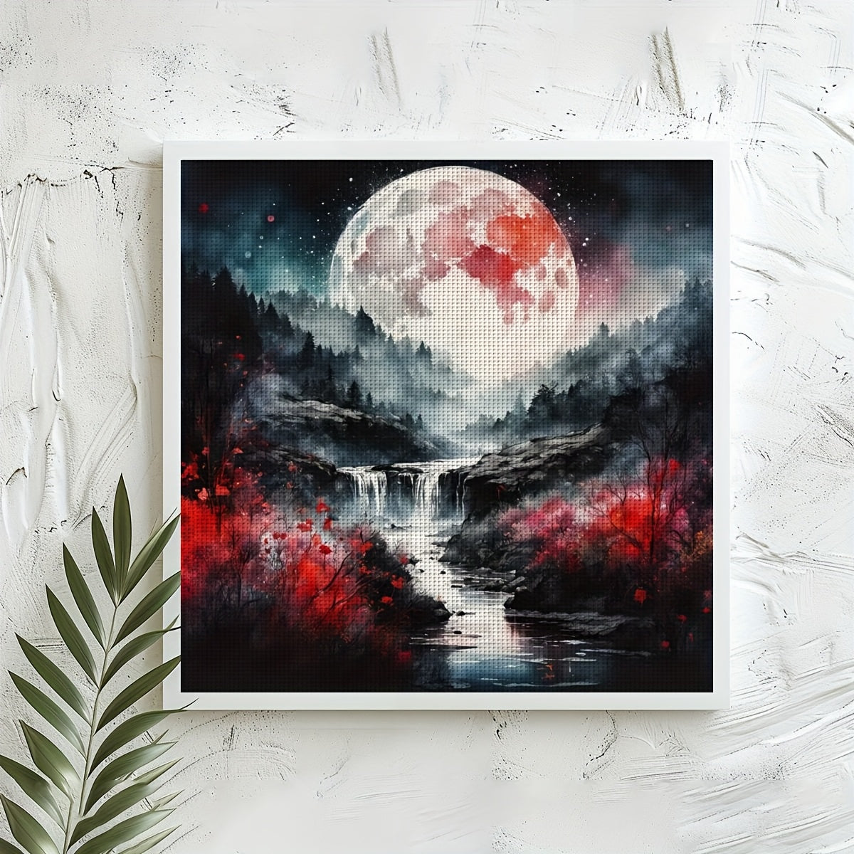 JOZYSH 11CT/14CT Cross Stitch Kit, Unframed 15.7x15.7in - Mystical Nighttime Landscape with Full Moon & Waterfall, Complete DIY Set for Beginners, Includes Pre-Printed Canvas, Needles, Thread, Chart & Instructions - Ideal Han