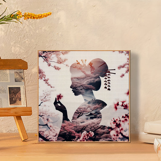1 Set 11x11 Inch (30x30cm) DIY Cross Stitch Kit - "Woman with Cherry Blossoms" Design, Relaxing Adult Beginner Stitching Project, Includes Fabric, Threads, Patterns & Instructions - Perfect Gift for Friends & Family, Relaxing